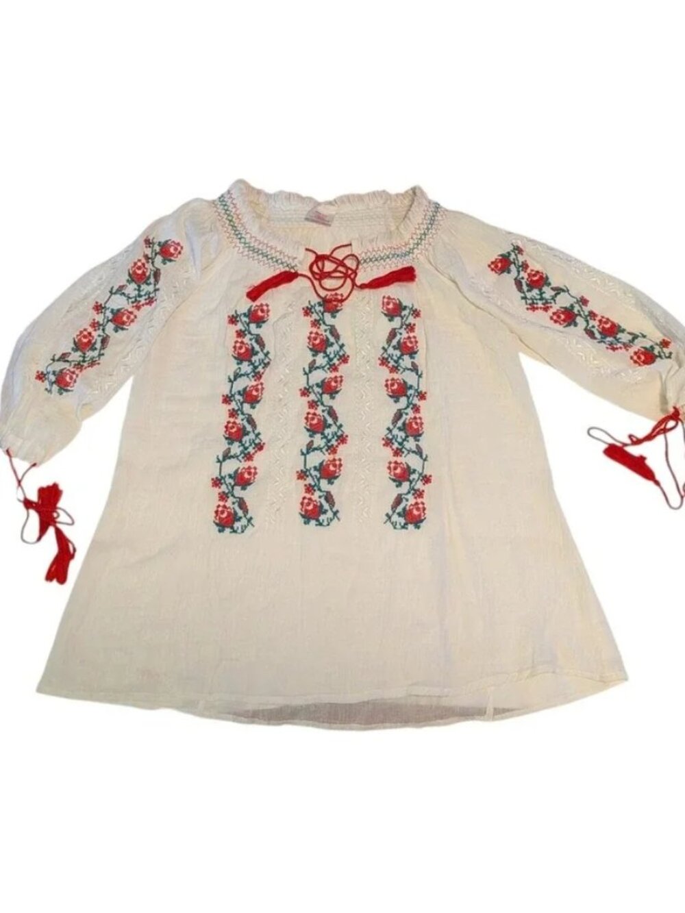 Star India Embroidered Boho Peasant Top Cotton Floral Size 2X Cottagecore Tassel